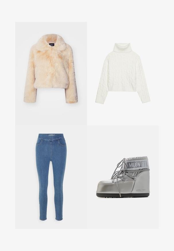 Casaco curto de pele sintética em bege claro, com um colarinho largo e mangas longas, apresentando uma textura suave e felpuda, sem fechos visíveis.; Suéter branco de gola alta em malha trançada, com uma silhueta cropped, apresentando punhos e bainha canelados. Textura suave com um design confortável e volumoso.; Jeggings de denim azul com textura suave, cintura alta, design de cinco bolsos e pernas ajustadas. Comprimento padrão com bainha simples.; Bota impermeável prateada com forma arredondada, acabamento texturizado e atacadores cinzentos. Apresenta um proeminente logotipo "MOON BOOT" na parte superior.