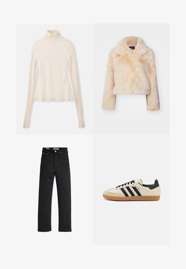 Veste courte en fausse fourrure couleur beige clair, dotée d'un large col et de manches longues, avec une texture douce et duveteuse et sans fermetures visibles.; Pull encolure montant crème en tissu doux et lisse, doté de manches longues, d'une silhouette ajustée et d'un léger stretch pour le confort.; Jean en denim noir avec une coupe droite, présentant une taille haute, un design à cinq poches, une fermeture à bouton en métal et des détails de couture minimalistes.; Baskets de sport beiges avec des rayures noires, semelle en caoutchouc gomme et accents noirs. Elles présentent un dessus en cuir lisse et un design de bout arrondi.
