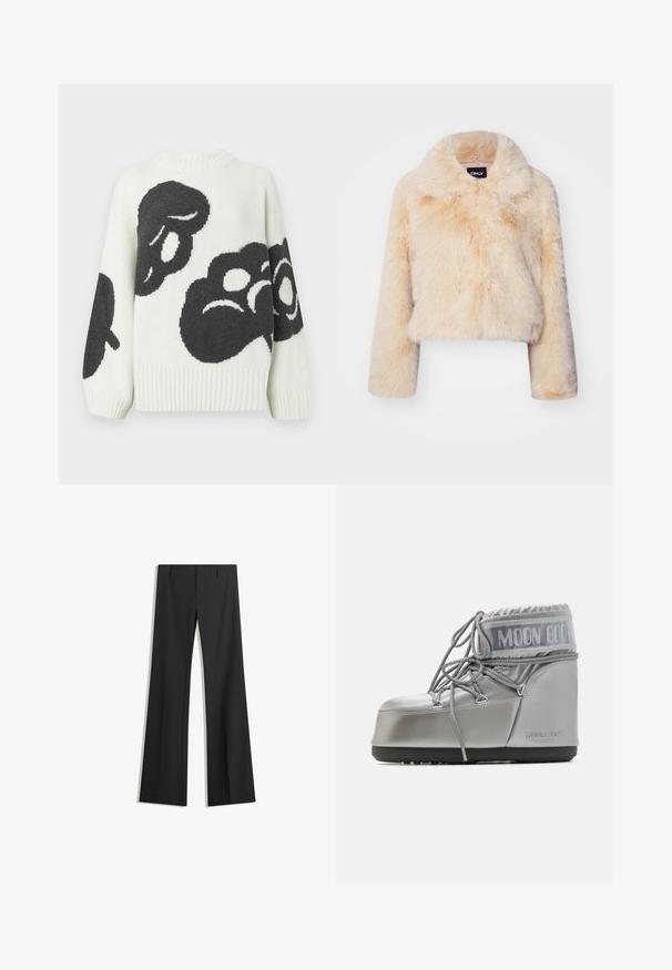 Nepbont cropped jas in lichtbeige, met een brede kraag en lange mouwen, een zachte, fluffy textuur en zonder zichtbare sluitingen.; Gebreide trui in crème met grote zwarte abstracte patronen. Voorzien van een geribbelde ronde hals en brede mouwen voor een relaxte pasvorm.; Zwarte wijde broek van een gladde stof, met een hoge taille en strakke lijnen, zonder zichtbare patronen of versieringen.; Zilveren waterdichte boot met een afgeronde vorm, een gestructureerde afwerking en grijze veters. Kenmerkt zich door een opvallend "MOON BOOT" logo op het bovenste deel.