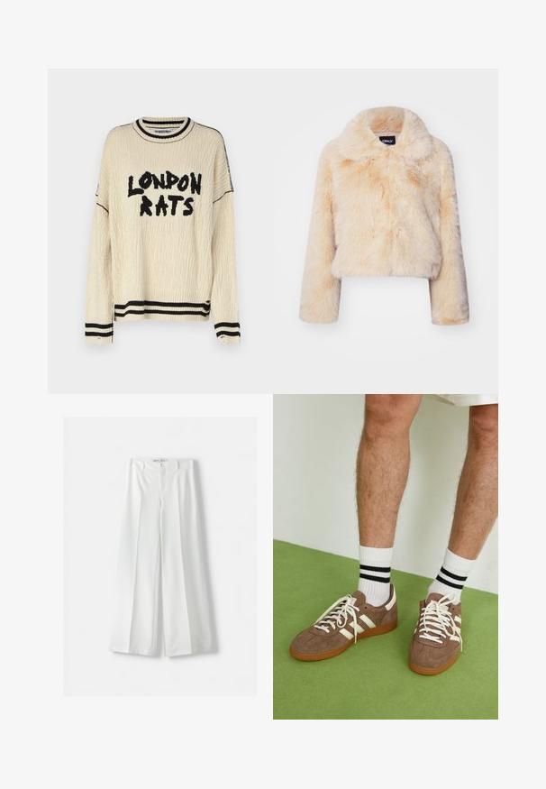 Faux-Fur-gekürzte Jacke in hellem Beige, mit breitem Kragen und langen Ärmeln, einer weichen, flauschigen Textur und ohne sichtbare Verschlüsse.; The Ragged Priest LONDON RATS - Strickpullover - ecru/black; Bershka WIDE-LEG TAILORED - Stoffhose - white; Braune Wildleder-Sneaker mit weißen Akzenten und Schnürsenkeln. Gummisohle in Kautschuk-Optik. Getragen mit weißen Socken, die schwarze Streifen haben. Grüner strukturierter Fußboden.
