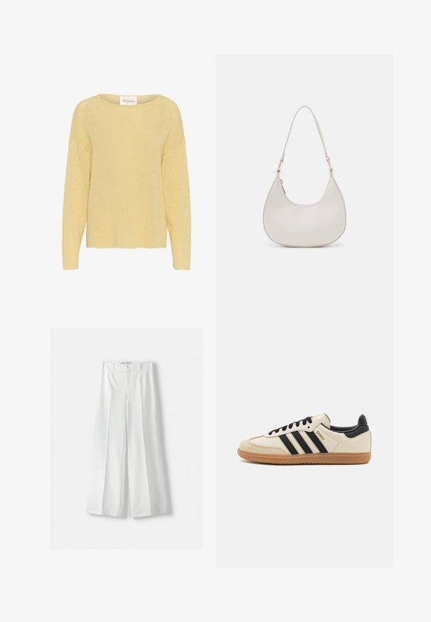 Iznimno kratka jakna od umjetnog krzna u svijetlo bež boji, koja se ističe širokim ovratnikom i dugim rukavima, s mekom, pahuljastom teksturom i bez vidljivih kopčanja.; Pulover od pletenog materijala u limun žutoj boji s opuštenim krojem, širokim dekolteom i dugim rukavima. Ima teksturiranu, labavo tkanu tkaninu i ravni rub.; Bershka WIDE-LEG TAILORED - Hlače - white; Bež sportski cipela s crnim prugama, gumeni potplat i crni dodaci. Ima glatku kožnu gornju stranu i dizajn s zaobljenim vrhom.; Krem torba za rame u obliku polumjeseca, sa tankim remenom i suptilnim detaljem šavova. Minimalistički dizajn s akcentima od zlatnog tona.
