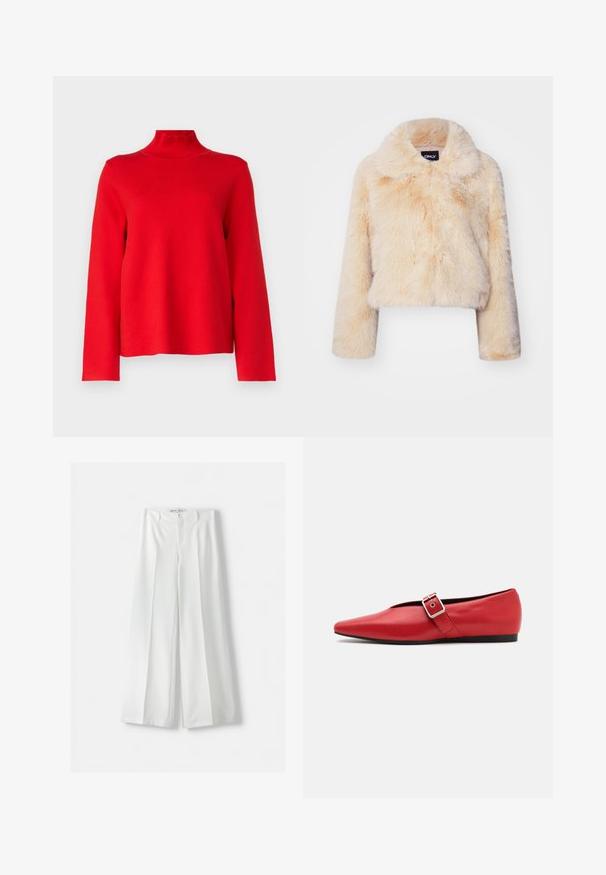 Veste courte en fausse fourrure couleur beige clair, dotée d'un large col et de manches longues, avec une texture douce et duveteuse et sans fermetures visibles.; Object OBJREYNARD HIGH NECK - Pullover - flame scarlet; Bershka WIDE-LEG TAILORED - Pantalon classique - white; Ballerine en cuir rouge avec une pointe pointue, comportant une lanière sur le côté avec une boucle en métal et un petit talon noir. Texture lisse sur l'ensemble.
