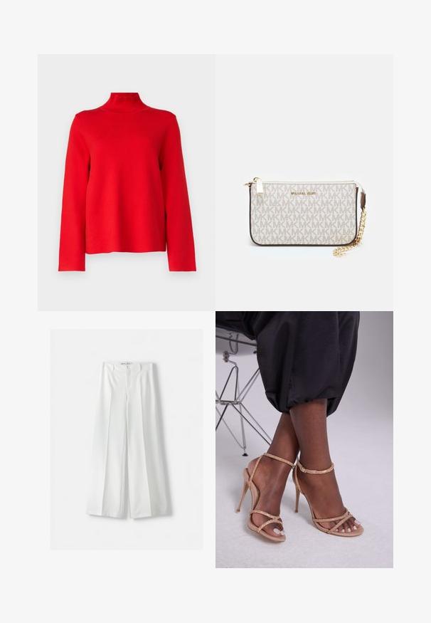Nepbont cropped jas in lichtbeige, met een brede kraag en lange mouwen, een zachte, fluffy textuur en zonder zichtbare sluitingen.; Object OBJREYNARD HIGH NECK - Trui - flame scarlet; Bershka WIDE-LEG TAILORED - Broek - white; Beige hakken sandalen met kristallen versieringen, met een open teen, dunne banden en een slanke silhouet.; Michael Kors polsbandje in beige gecoate canvas met een herhaald MK-logo patroon, gouden hardware en een afneembare kettingriem.