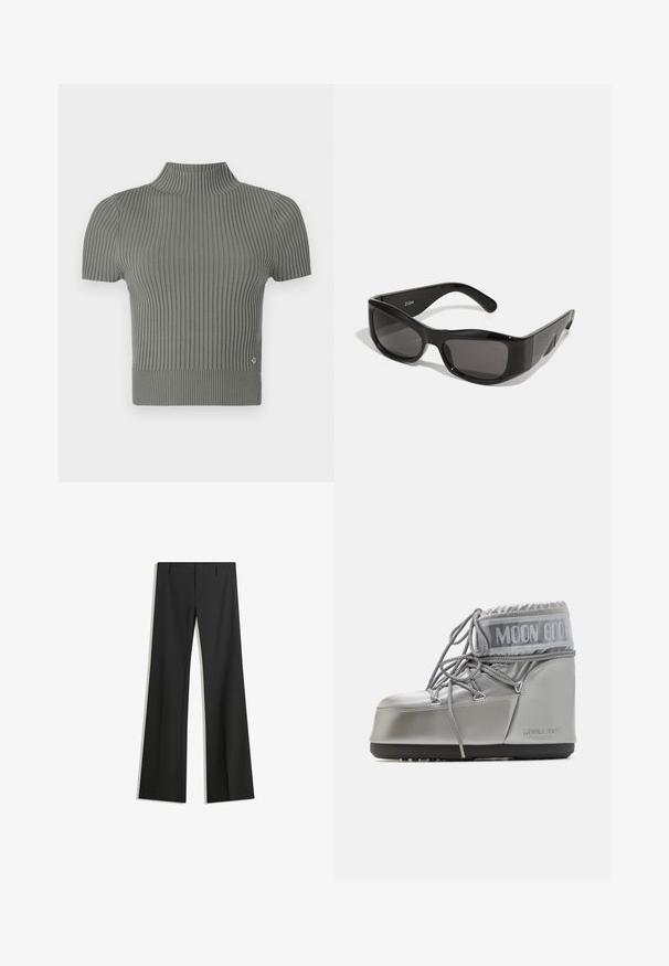 Faux fur cropped jacket in light beige, featuring a wide collar and long sleeves, with a soft, fluffy texture and no visible closures.; Fitted, short-sleeve top in a ribbed, soft gray knit. Features a high neck and a small logo accent near the hem.; Black wide-leg trousers made from smooth fabric, featuring a high waist and clean lines, with no visible patterns or embellishments.; Silver waterproof boot with a rounded shape, textured finish, and grey laces. Features a prominent "MOON BOOT" logo on the upper section.; Black rectangular sunglasses with dark lenses, made of glossy plastic. The frame features sharp angles and a distinctive logo on the arm.; MM6 Maison Margiela SMALL JAPANESE - Tote bag - black