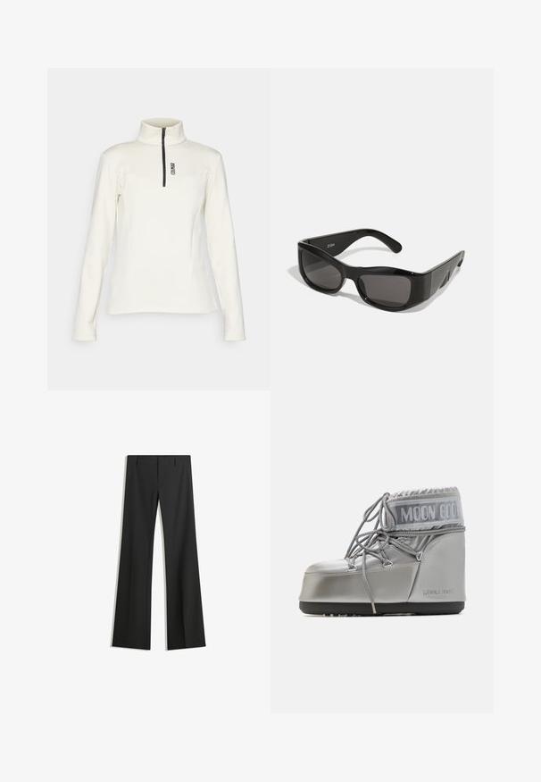 Faux fur kort jacka i ljusbeige, med en bred krage och långa ärmar, i en mjuk, fluffig textur och utan synliga knäppningar.; Colmar LADIES - Sweatshirt - purity; Svarta vida byxor i slät tyg med hög midja och rena linjer, utan synliga mönster eller utsmyckningar.; Silverfärgad vattentät stövel med rundad form, texturerad yta och grå snören. Har en framträdande "MOON BOOT"-logotyp på den övre sektionen.; Svarta rektangulära solglasögon med mörka linser, gjorda av glänsande plast. Bågen har skarpa vinklar och en distinkt logotyp på armen.; MM6 Maison Margiela SMALL JAPANESE - Shoppingväska - black
