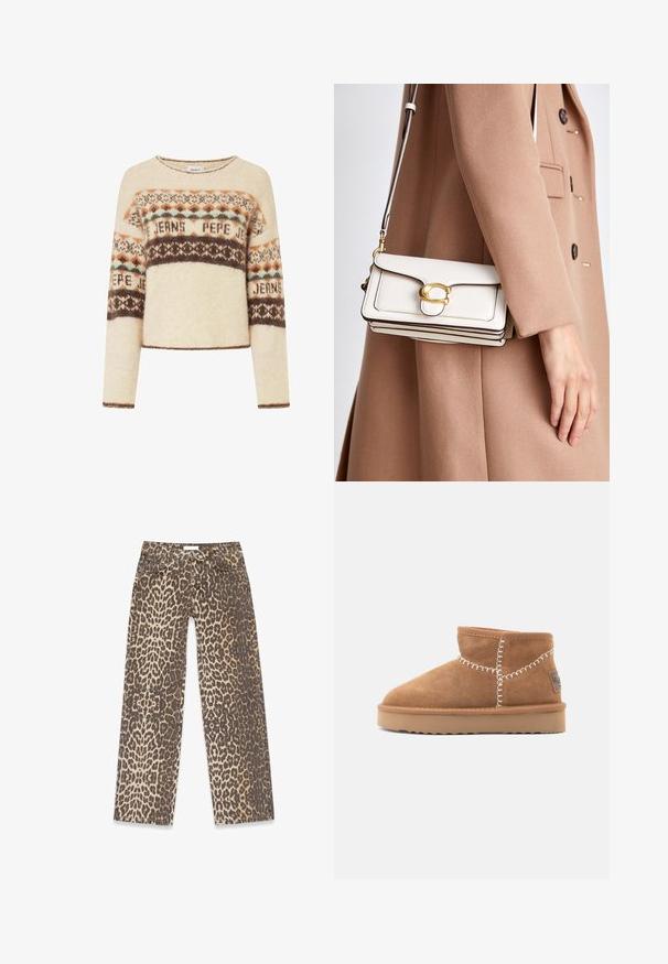 Korkeaa tekoturkista lyhyt takki vaaleanbeige värissä, jossa on leveä kaulus ja pitkät hihat, pehmeä ja pörröinen pinta ilman näkyviä kiinnityksiä.; Kreemivärvi kampsun pikkade varrukatega, millel on geomeetriline kudumis muster pruunis, oranžis ja teal värvuses. Ümmargune kaelus ja lühikesed disain.; Leopardi-kuosiset farkut, joissa on neutraali beige ja ruskea väripaletti, suorat lahkeet ja perinteiset taskudetailit.; Ruske mokasine ankle s potpunim prstima, s bijelim dekorativnim šavovima i smešnim gumenim đonom sa cik-cak uzorkom.; Valkoinen nahkainen olkalaukku, jossa on kultainen solki, strukturoidulla muotoilulla, kontrastiväriset reunat ja ohut säädettävä hihna.