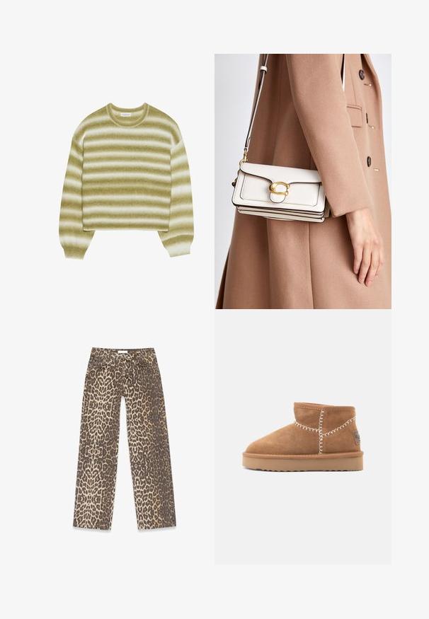 Faux fur kort jacka i ljusbeige, med en bred krage och långa ärmar, i en mjuk, fluffig textur och utan synliga knäppningar.; Even&Odd Stickad tröja - multi-coloured; Jeans i leopardmönster med en neutral beige och brun färgpalett, rak bendesign och traditionella fickdetaljer.; Bruna mocka ankelstövlar med rund tå, vit dekorativ sömnad och en tan gummisula med ett zick-zack mönster.; Vit läder crossbody-väska med ett guldspänne, med en strukturerad design, kontrasterande kanter och ett tunt justerbart band.