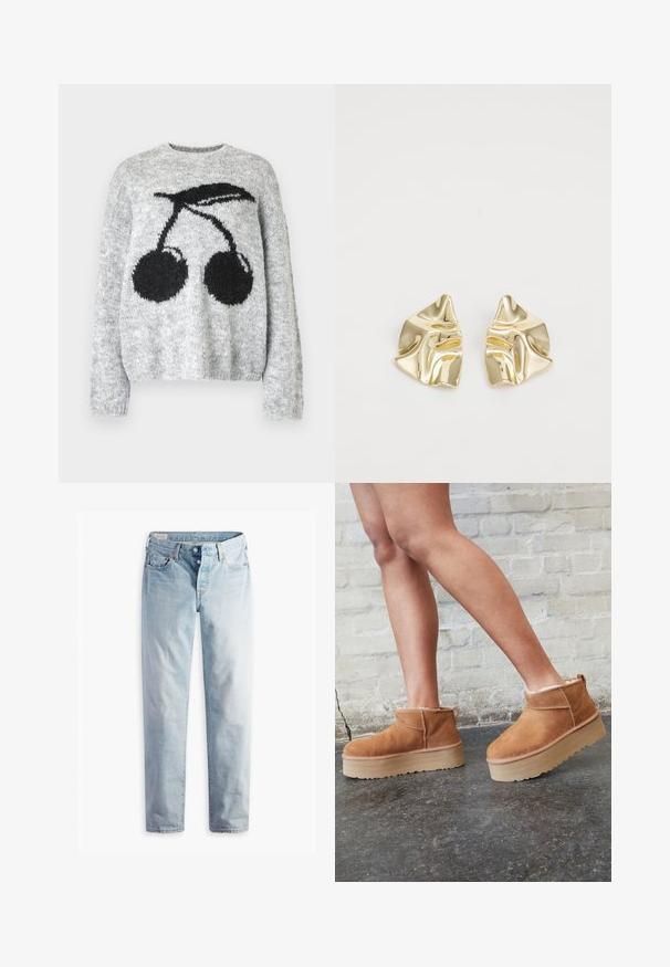 Valgest beežist faux karusnahast lühendatud jakk, millel on lai kaelaosa ja pikad varrukad, pehme ja koheva tekstuuriga ning ilma nähtavate kinniste detailideta.; Noisy May NMSUTTON CHERRY - Džemper - light grey melange; Heledad sinine denimidest püksid sirge lõikega, kahe esipocketi ja kahe tagataskuga. Omandab kahekaupa nööbivahendi ja peene õmbluse.; Pruunist seemsest valmistatud pahkluu saapad, millel on pehme vooder, paks beež platvormi konts ja tagumine tõmblukk. Tekstureeritud pind nähtavate õmbluse detailidega.; Kuldsetest metallist kõrvarõngad lainelise disainiga; sile, peegeldav pind; asümmeetriline kuju; nähtavad mustrid või kinnitused puuduvad.