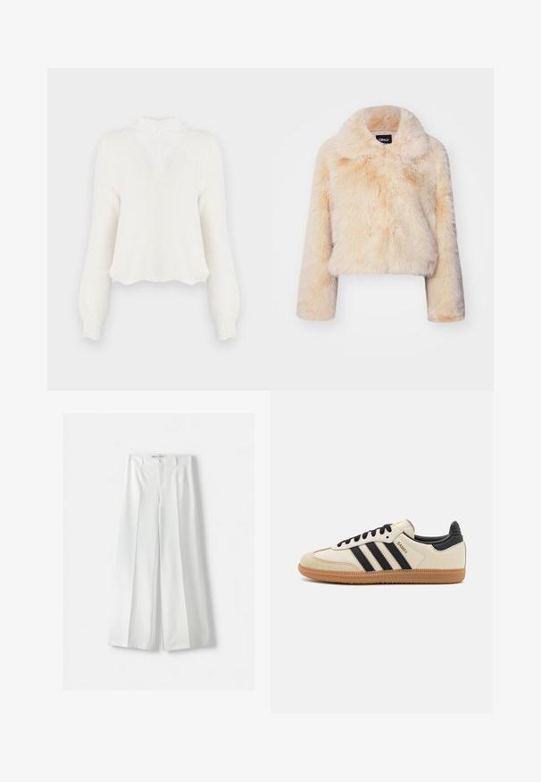 Faux-Fur-gekürzte Jacke in hellem Beige, mit breitem Kragen und langen Ärmeln, einer weichen, flauschigen Textur und ohne sichtbare Verschlüsse.; Weißer Strickpullover mit V-Ausschnitt und Spitzenakzenten, langen Ärmeln und entspannter Passform. Strukturierter Stoff mit gerippten Akzenten an den Bündchen.; Bershka WIDE-LEG TAILORED - Stoffhose - white; Beige Sport Schuh mit schwarzen Streifen, Gummisohle und schwarzen Akzenten. Verfügt über ein Obermaterial aus glattem Leder und ein rundes Zehendesign.