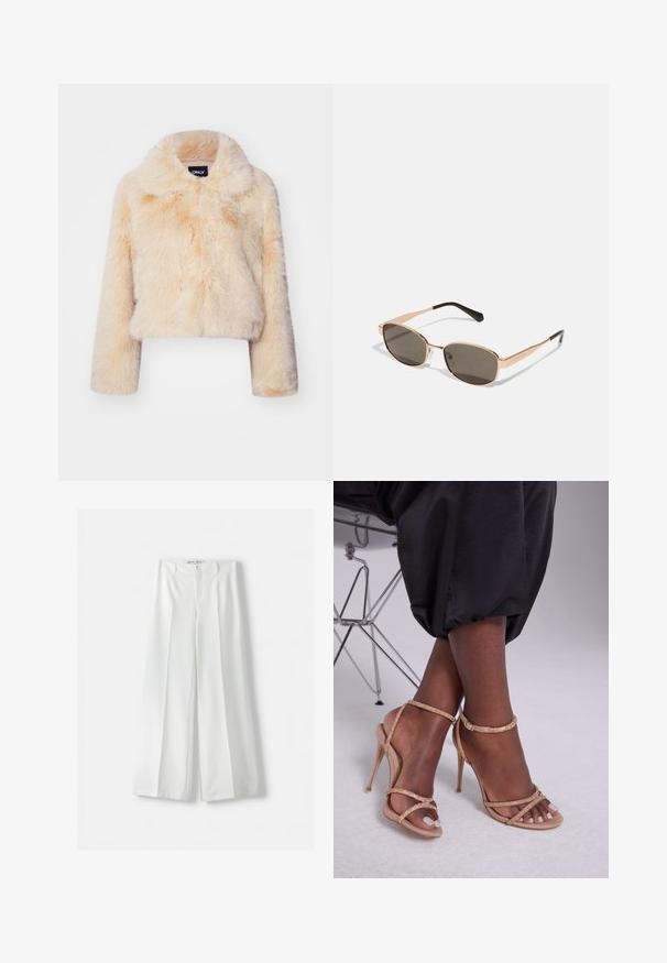 Iznimno kratka jakna od umjetnog krzna u svijetlo bež boji, koja se ističe širokim ovratnikom i dugim rukavima, s mekom, pahuljastom teksturom i bez vidljivih kopčanja.; Bluza s leopard uzorkom koja ima V-izrez, duge rukave, čvor na prednjem dijelu i gumbe. Izrađena od lagane, teksturirane tkanine.; Bershka WIDE-LEG TAILORED - Hlače - white; Bež sandale s potpeticom, ukrašene kristalima, s otvorenim prstima, tankim trakama i elegantnom siluetom.; Pravougaone sunčane naočale sa zlatnim metalnim okvirom i tamnim staklima. Imaju tanke crne ručke, ističući minimalistički dizajn.; Michael Kors novčanik na zapešću u bež premazanoj tkanini s ponavljajućim uzorkom MK loga, zlatnim hardverom i odvojivim lancem za nošenje.; Narukvice od zlatnog metala s ukrasnim isprepletenim dizajnom; glatka, polirana površina; fleksibilan oblik prikladan za različite veličine zapešća.