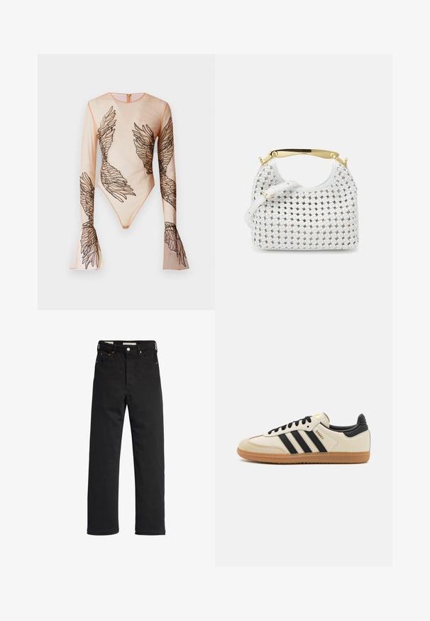 Faux-Fur-gekürzte Jacke in hellem Beige, mit breitem Kragen und langen Ärmeln, einer weichen, flauschigen Textur und ohne sichtbare Verschlüsse.; Durchsichtiger langärmeliger Body in Nude, mit gestickten schwarzen Flügeldesigns an den Ärmeln und am Torso, mit einem Reißverschluss hinten.; Schwarze Denim-Jeans mit geradem Bein, hoher Taille, fünf Taschen, Metallknopfverschluss und minimalen Stitching-Details.; Beige Sport Schuh mit schwarzen Streifen, Gummisohle und schwarzen Akzenten. Verfügt über ein Obermaterial aus glattem Leder und ein rundes Zehendesign.; Elleme BOOMERANG SMALL - Handtasche - leather white
