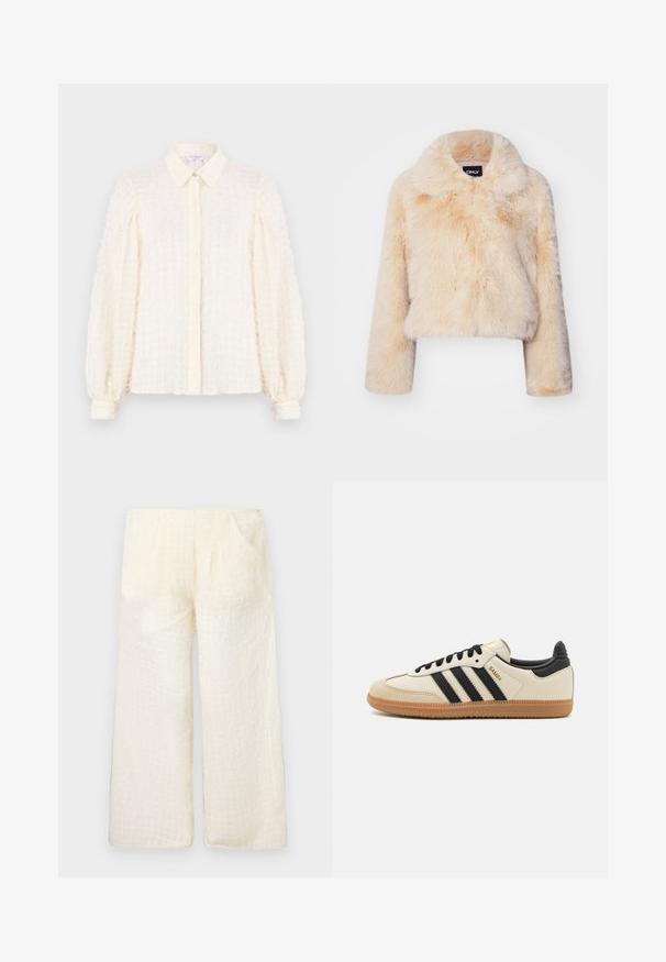 Giacca corta in pelliccia sintetica di un beige chiaro, con un ampio colletto e maniche lunghe, caratterizzata da una texture morbida e soffice e senza chiusure visibili.; Blusa bianca con un motivo a griglia testurizzato, dotata di colletto, chiusura con bottoni e maniche a sbuffo con polsini elasticizzati. Tessuto leggero e arioso.; Pantaloni a gamba larga leggeri di colore crema con un motivo a griglia testurizzato e due tasche laterali, caratterizzati da una vestibilità rilassata e un tessuto morbido.; Scarpa sportiva beige con strisce nere, suola in gomma naturale e dettagli neri. Presenta una tomaia in pelle liscia e un design a punta arrotondata.