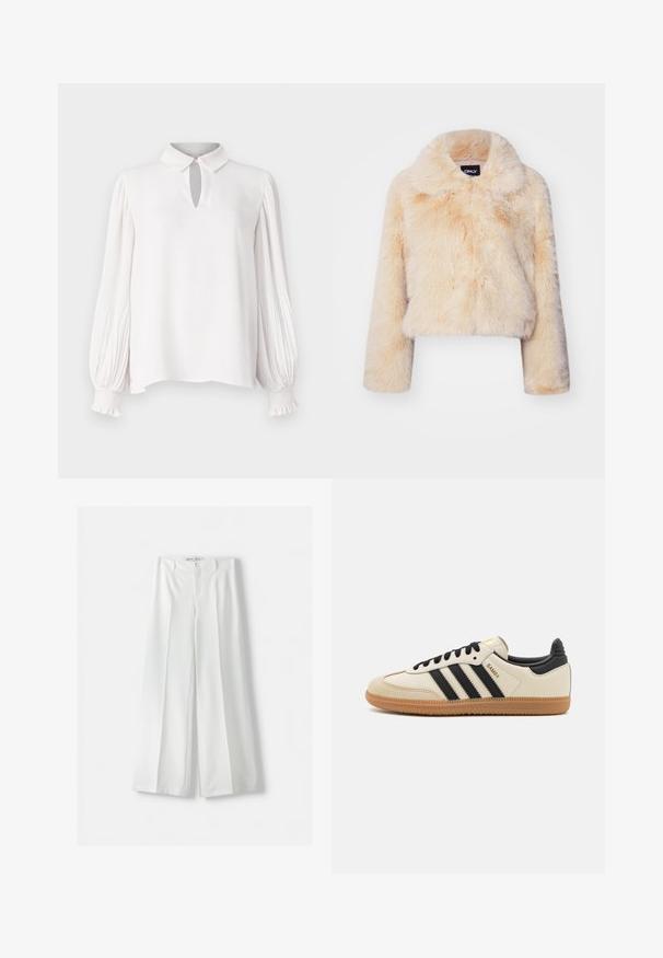 Korkeaa tekoturkista lyhyt takki vaaleanbeige värissä, jossa on leveä kaulus ja pitkät hihat, pehmeä ja pörröinen pinta ilman näkyviä kiinnityksiä.; Valkoinen paita, jossa on kaulus ja avainaukko-yksityiskohta. Pitkät, laskostetut hihat joustavilla hihansuilla. Sileä rakenne ja rento istuvuus.; Bershka WIDE-LEG TAILORED - Housut - white; Beige urheilukenkä mustilla raidoilla, kumipohjalla ja mustilla yksityiskohdilla. Ominaisuuksiin kuuluu sileä nahkainen päällinen ja pyöristetty kärjen muoto.