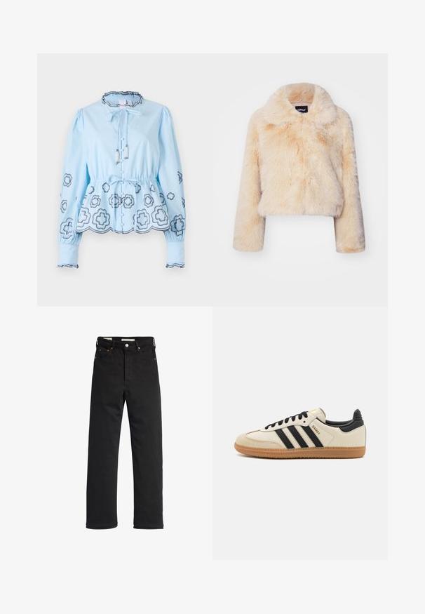 Chaqueta corta de piel sintética en color beige claro, con un amplio collar y mangas largas, que presenta una textura suave y esponjosa sin cierres visibles.; Blusa de color azul claro con mangas largas, cuello con volantes y cordón ajustable. Presenta patrones florales decorativos y cierre de botones en la parte delantera.; Jeans de mezclilla negra con un corte recto, que cuentan con una cintura alta, diseño de cinco bolsillos, cierre de botón metálico y detalles de costura mínimos.; Zapatilla deportiva beige con rayas negras, suela de goma y acentos negros. Presenta un upper de cuero suave y un diseño de punta redondeada.