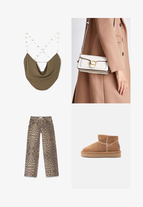 Giacca corta in pelliccia sintetica di un beige chiaro, con un ampio colletto e maniche lunghe, caratterizzata da una texture morbida e soffice e senza chiusure visibili.; Borsa di stoffa marrone con una morbida forma drappeggiata. Cinghie fatte di sottile corda bianca con piccole perline multicolori, incrociate sul retro.; Jeans in denim con stampa leopardata, caratterizzati da una palette di colori neutri beige e marrone, design a gamba dritta e dettagli tradizionali delle tasche.; Stivaletti ankle in suede marrone con punta arrotondata, cuciture decorative bianche e suola in gomma color beige con un motivo a zigzag.; Borsa a tracolla bianca in pelle con una chiusura dorata, caratterizzata da un design strutturato, bordi in contrasto e una sottile tracolla regolabile.