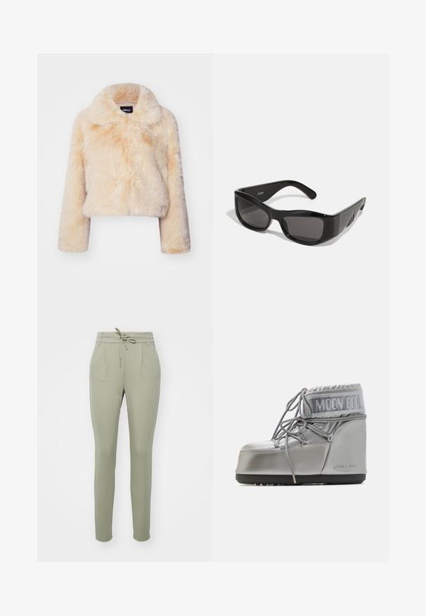Faux fur cropped jacket in light beige, featuring a wide collar and long sleeves, with a soft, fluffy texture and no visible closures.; Black long-sleeve T-shirt made from cotton, featuring a crew neckline and a smooth texture. Minimalist design with no patterns or accents.; Light green tapered pants with a drawstring waist, front pleats, and elastic cuffs, made from soft, smooth fabric.; Silver waterproof boot with a rounded shape, textured finish, and grey laces. Features a prominent "MOON BOOT" logo on the upper section.; Black rectangular sunglasses with dark lenses, made of glossy plastic. The frame features sharp angles and a distinctive logo on the arm.; MM6 Maison Margiela SMALL JAPANESE - Tote bag - black