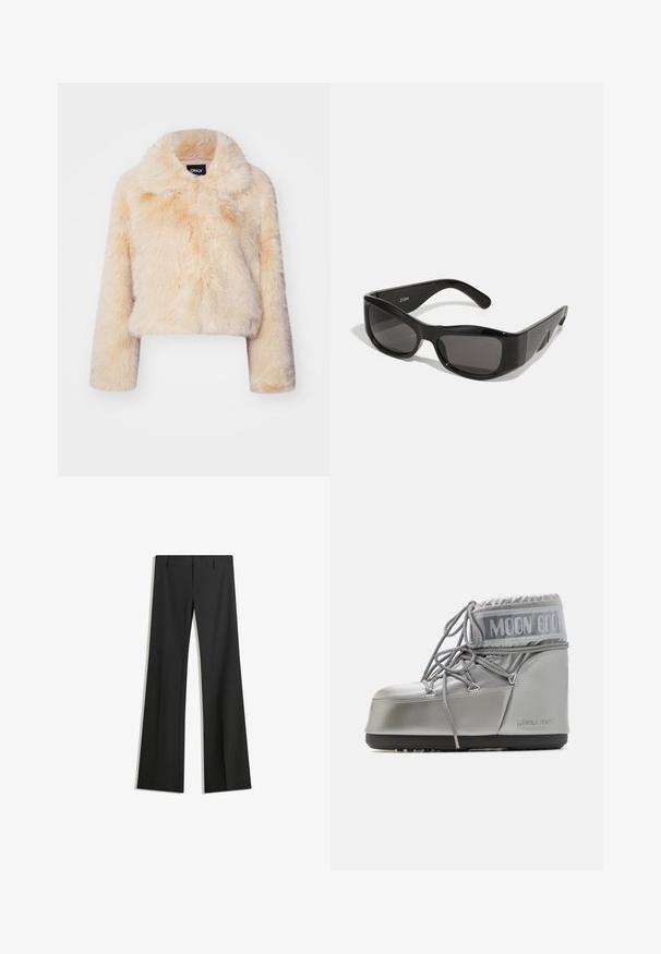 Sako z umělé kožešiny v světle béžové barvě, s širokým límcem a dlouhými rukávy, s měkkou, nadýchanou strukturou a bez viditelných zapínání.; Černé dlouhé tričko s rukávy vyrobené z bavlny, s kulatým výstřihem a hladkou texturou. Minimalistický design bez vzorů nebo akcentů.; Černé široké kalhoty vyrobené z hladkého materiálu, s vysokým pasem a čistými liniemi, bez viditelných vzorů nebo ozdob.; Stříbrná voděodolná bota s kulatým tvarem, texturovaným povrchem a šedými tkaničkami. Na horní části se nachází výrazné logo "MOON BOOT".; Černé obdélníkové sluneční brýle s tmavými skly, vyrobené z lesklého plastu. Rám má ostré úhly a výrazné logo na straně.; MM6 Maison Margiela SMALL JAPANESE - Velká kabelka - black