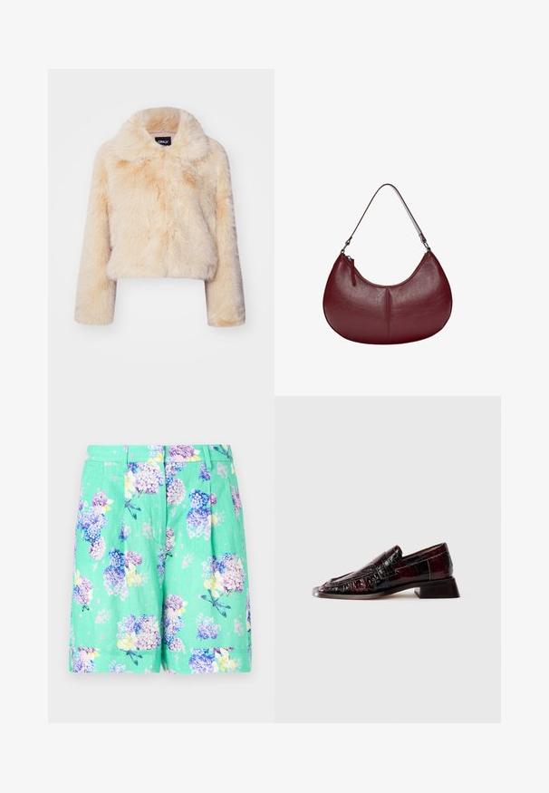 Kurtka z sztucznego futra w jasnym beżu, z szerokim kołnierzem i długimi rękawami, o miękkiej, puszystej fakturze, bez widocznych zapięć.; Biała, oversize'owa koszulka z miękkiej bawełny. Posiada krótki rękaw, okrągły dekolt oraz luźny krój bez widocznych wzorów czy akcentów.; Szorty w kwiatowy wzór w kolorze miętowym, wykonane z lekkiego materiału. Posiadają fioletowe i niebieskie hortensje z delikatnymi żółtymi akcentami oraz plisami.; Ciemnobordowy lakierowany skórzany mokasyn z teksturowanym wykończeniem, niskim obcasem blokowym i klasycznym detalem w kształcie paska penny, pokazany z boku.; Bordowa skórzana torebka o zakrzywionym kształcie. Posiada jeden pasek na ramię i zamek błyskawiczny u góry, prezentując gładką, teksturowaną powierzchnię.