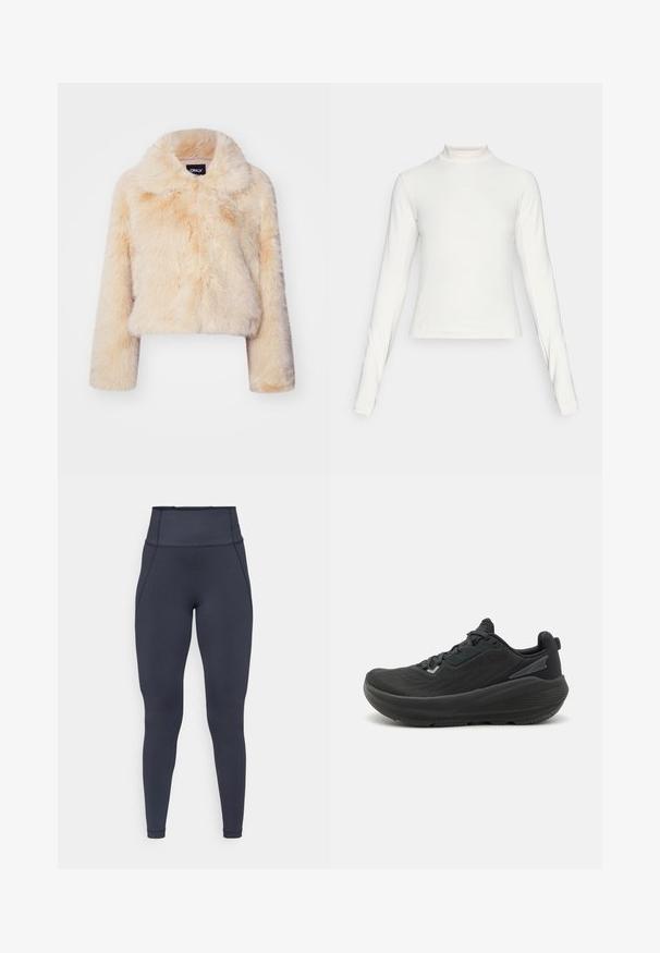 Faux fur cropped jacket in light beige, featuring a wide collar and long sleeves, with a soft, fluffy texture and no visible closures.; Long-sleeve white athletic top with mock neck and small centered logo on chest, displayed on a plain background.; High-waisted, dark gray full-length leggings with visible stitching and a smooth, stretchy fabric texture.; Black athletic shoe featuring a streamlined design, textured upper with mesh accents, and a cushioned sole for support.