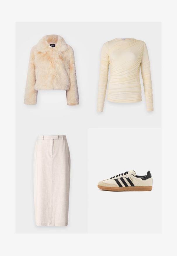 Faux-Fur-gekürzte Jacke in hellem Beige, mit breitem Kragen und langen Ärmeln, einer weichen, flauschigen Textur und ohne sichtbare Verschlüsse.; Kremfarbener Langarmoberteil, mit geraffter Textur und leicht taillierter Silhouette. Weicher Stoff mit rundem Halsausschnitt und glatten Nähten.; Beiger Bleistiftrock, maßgeschneiderter Schnitt mit klaren Linien, aus strukturiertem Stoff gefertigt, mit mittellanger Länge und Schlitz hinten.; Beige Sport Schuh mit schwarzen Streifen, Gummisohle und schwarzen Akzenten. Verfügt über ein Obermaterial aus glattem Leder und ein rundes Zehendesign.