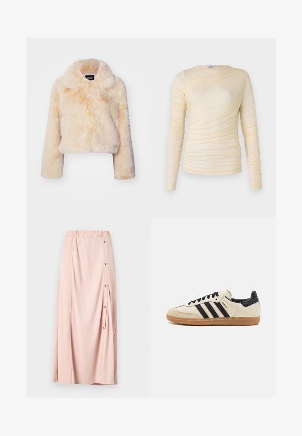 Nepbont cropped jas in lichtbeige, met een brede kraag en lange mouwen, een zachte, fluffy textuur en zonder zichtbare sluitingen.; Crème lange mouwen top, met gerimpelde textuur en een iets getailleerde silhouet. Zachte stof met een ronde halslijn en soepele naden.; Roze maxi rok met een elastische tailleband, voorzien van een zijsluiting met knopen en zachte, gladde stof. Lichtgewicht en vloeiende uitstraling.; Beige sportieve schoen met zwarte strepen, gumrubberen zool en zwarte accenten. Beschikt over een gladleren bovenkant en een ronde neusdesign.