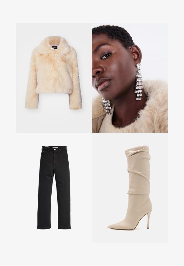 Veste courte en fausse fourrure couleur beige clair, dotée d'un large col et de manches longues, avec une texture douce et duveteuse et sans fermetures visibles.; Haut à manches longues crème, avec une texture froncée et une silhouette légèrement ajustée. Tissu doux avec un col rond et des coutures lisses.; Jean en denim noir avec une coupe droite, présentant une taille haute, un design à cinq poches, une fermeture à bouton en métal et des détails de couture minimalistes.; Bottine à talon haut beige en cuir lisse au design souple, avec un bout pointu et un talon aiguille fin. Détail doré à l'arrière.; Boucles d'oreilles en argent avec plusieurs strass clairs, présentant un design en cascade et des surfaces texturées, sur un fond neutre.