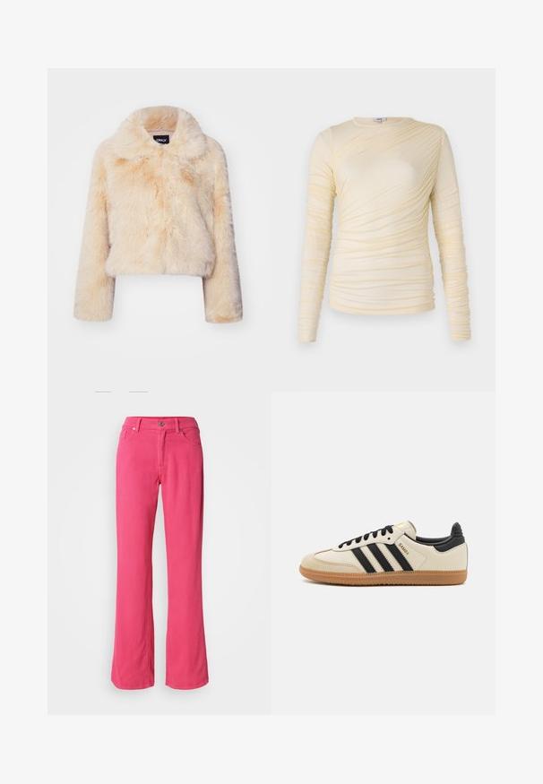 Korkeaa tekoturkista lyhyt takki vaaleanbeige värissä, jossa on leveä kaulus ja pitkät hihat, pehmeä ja pörröinen pinta ilman näkyviä kiinnityksiä.; Kermainen pitkähihainen paita, jossa on rypytetty pinta ja hieman vartaloa myötäilevä siluetti. Pehmeä kangas, pyöreä kaula-aukko ja sileät saumat.; Vaaleanpunaiset leveälahkeiset housut, jotka on valmistettu puuvillasta. Niissä on etunappi, vetoketju sekä klassinen viisi taskua -malli. Housuissa on sileä pinta ja normaali istuvuus.; Beige urheilukenkä mustilla raidoilla, kumipohjalla ja mustilla yksityiskohdilla. Ominaisuuksiin kuuluu sileä nahkainen päällinen ja pyöristetty kärjen muoto.