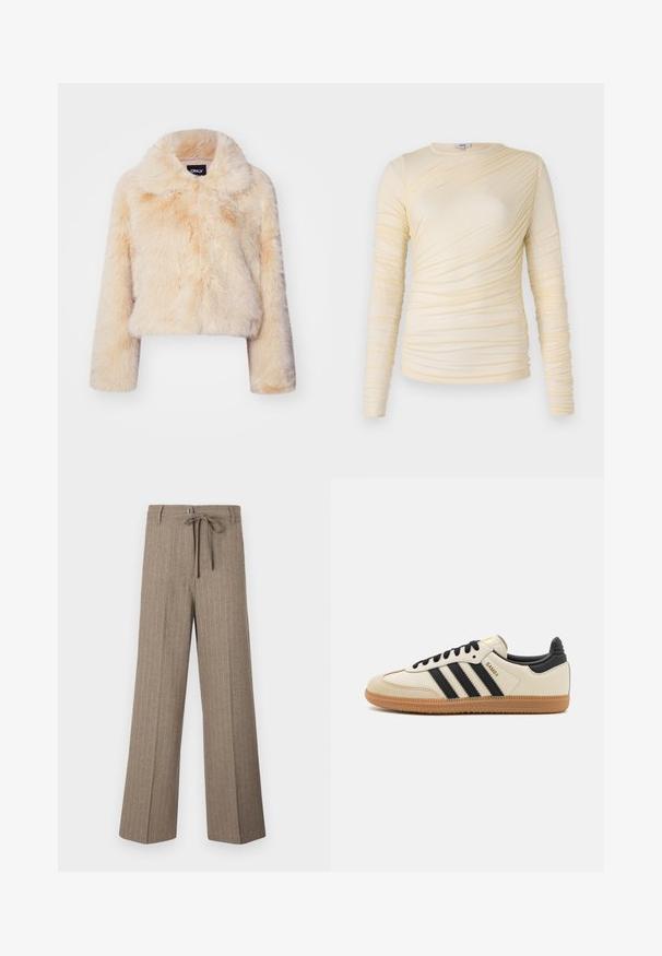 Faux fur cropped jakke i lys beige, med en bred krave og lange ærmer, der har en blød, fluffy tekstur og ingen synlige lukninger.; Cremefarvet bluse med lange ærmer, prydet med rynket tekstur og en let tætsiddende silhuet. Blødt stof med rund halsudskæring og glatte sømme.; Brune pinstripe bukser med en løs pasform, der har en båndelastik i taljen, brede ben og en blød tekstur, lavet af et vævet stof.; Beige sportssko med sorte striber, gummibetræk samt sorte detaljer. Har en glat læderoverdel og et rundt tådesign.