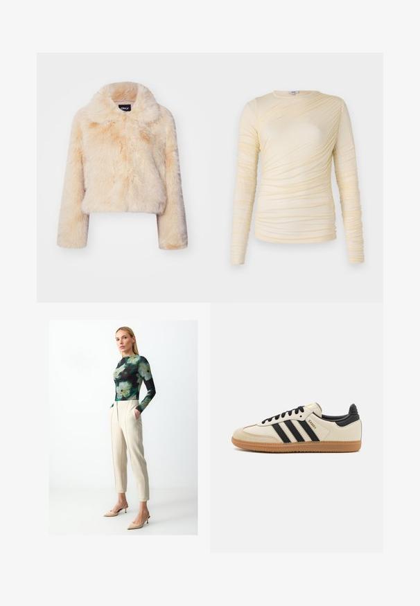 Veste courte en fausse fourrure couleur beige clair, dotée d'un large col et de manches longues, avec une texture douce et duveteuse et sans fermetures visibles.; Haut à manches longues crème, avec une texture froncée et une silhouette légèrement ajustée. Tissu doux avec un col rond et des coutures lisses.; Haut à manches longues avec un motif floral vert et noir, associé à un pantalon crémeux ajusté et des talons nus au design stiletto.; Baskets de sport beiges avec des rayures noires, semelle en caoutchouc gomme et accents noirs. Elles présentent un dessus en cuir lisse et un design de bout arrondi.