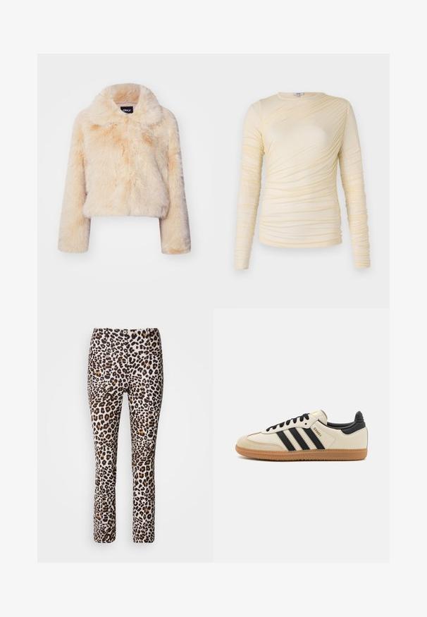Faux-Fur-gekürzte Jacke in hellem Beige, mit breitem Kragen und langen Ärmeln, einer weichen, flauschigen Textur und ohne sichtbare Verschlüsse.; Kremfarbener Langarmoberteil, mit geraffter Textur und leicht taillierter Silhouette. Weicher Stoff mit rundem Halsausschnitt und glatten Nähten.; Leopardenmuster-Hosen in einer Mischung aus Beige, Braun und Schwarz mit einer taillierten Passform und ausgestelltem Saum, ausgestattet mit einem vorderen Knopfverschluss.; Beige Sport Schuh mit schwarzen Streifen, Gummisohle und schwarzen Akzenten. Verfügt über ein Obermaterial aus glattem Leder und ein rundes Zehendesign.