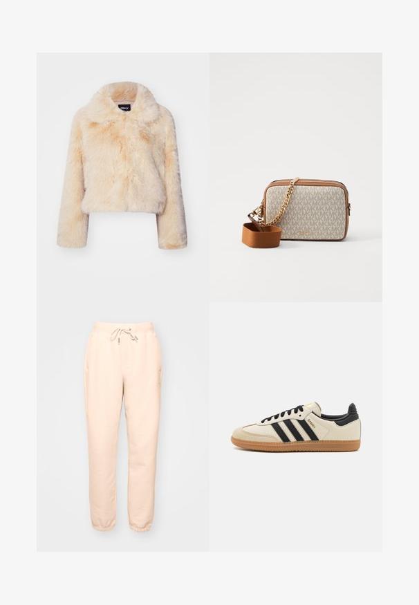 Faux pels cropped jakke i lys beige, med bred krage og lange ermer, i en myk, fluffy tekstur og uten synlige lukkinger.; Kremfarget langermet topp med rynket tekstur og en lett tilpasset silhuett. Mykt stoff med rund halslinning og jevne sømmer.; Beige joggebukser med elastisk midje, justerbar snøring, sidelommer og elastiske mansjetter ved anklene. Mykt, teksturert stoff.; Beige idrettssko med svarte striper, gummigummi yttersåle og svarte detaljer. Har en glatt lær overdel og en avrundet tådesign.; Crossbody-veske med stoff i kremfarge som har et gjentatt MK-logo mønster, brune lærdetaljer, og en gullkjede-stropp med en avtakbar brun stropp.