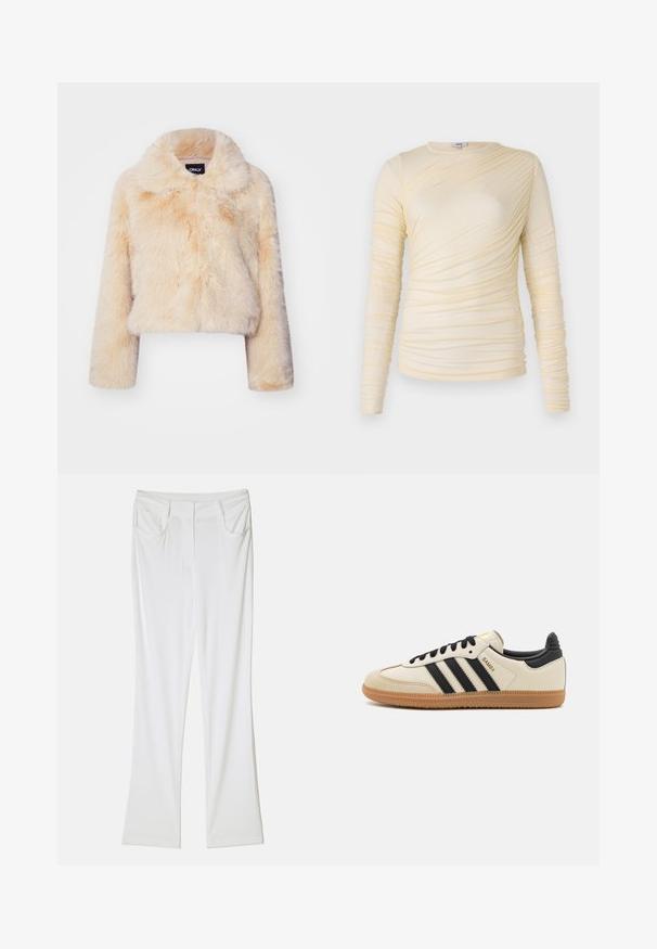 Faux fur kort jacka i ljusbeige, med en bred krage och långa ärmar, i en mjuk, fluffig textur och utan synliga knäppningar.; Krämbelagd långärmad topp, med räfflad struktur och en något figurnära silhuett. Mjuk tyg med rund halsringning och släta sömmar.; Vita utsvängda byxor med en slät tygtextur, med två framfickor och ett stitchat midjeband för en figursydd look.; Beige idrottssko med svarta ränder, gummigummi-sula och svarta detaljer. Har en slät läderöverdel och en rundad tåkonstruktion.