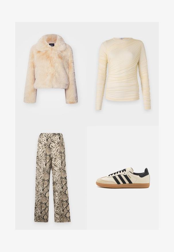 Jachetă scurtă din blană sintetică de culoare bej deschis, cu un guler larg și mâneci lungi, având o textură moale și pufoasă, fără închideri vizibile.; Top crem cu mâneci lungi, cu textură plisată și o siluetă ușor ajustată. Material moale, cu decolteu rotund și cusături netede.; Pantaloni cu picioare largi, având un model de piele de șarpe în nuanțe de bej și negru. Materialul este neted, cu o textură ușoară. Talie elastică.; Pantofii sport bej cu dungi negre, talpă din cauciuc caramel și accente negre. Prezintă un partea superioară din piele netedă și un design cu vârf rotunjit.