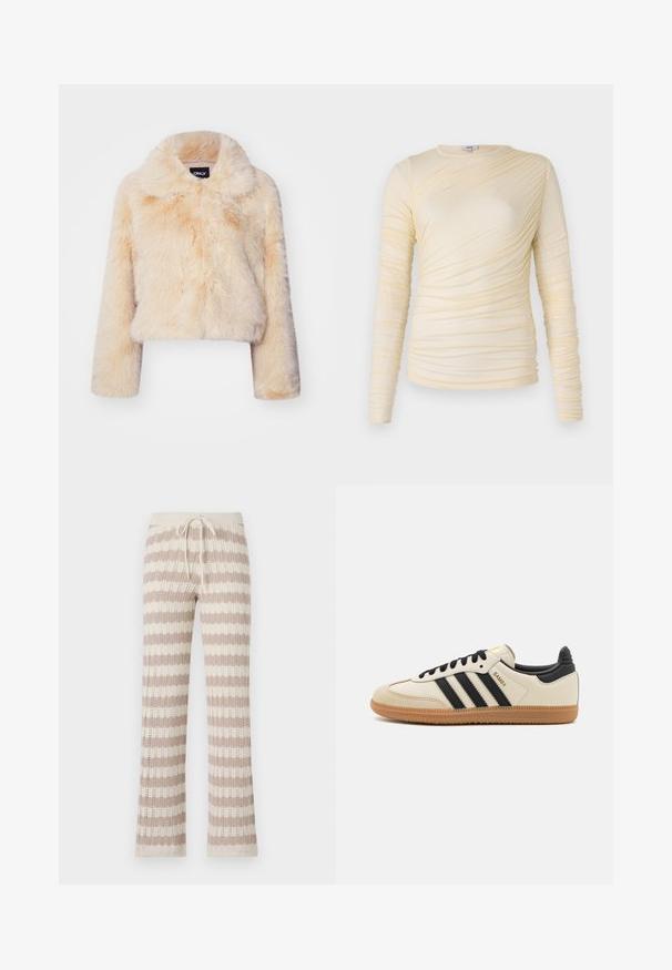 Rövidített, világos bézs színű műszőrme dzseki, széles gallérral és hosszú ujjal, puha, bolyhos textúrával, látható záródások nélkül.; Krém színű, hosszú ujjú felső, ráncolt textúrával és enyhén testhezálló fazonnal. Puha anyag, kerek nyakkivágással és sima varrásokkal.; Beige és krémszínű függőleges csíkokkal díszített kötött otthoni nadrág, húzózsinórral ellátott derékrésszel és lyukacsos kötési struktúrával.; Beige sportcipő fekete csíkokkal, gumi talppal és fekete részletekkel. Simára cserzett bőr felsőrésze és kerek orra van.