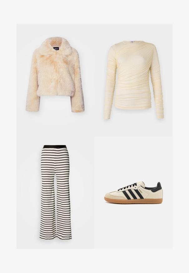 Faux fur cropped jacket in light beige, featuring a wide collar and long sleeves, with a soft, fluffy texture and no visible closures.; Cream long-sleeve top, features ruched texture with a slightly fitted silhouette. Soft fabric with a round neckline and smooth seams.; Striped wide-leg pants with a black waistband. Made of lightweight fabric featuring horizontal black and white stripes.; Beige athletic shoe with black stripes, gum rubber outsole, and black accents. Features a smooth leather upper and a rounded toe design.