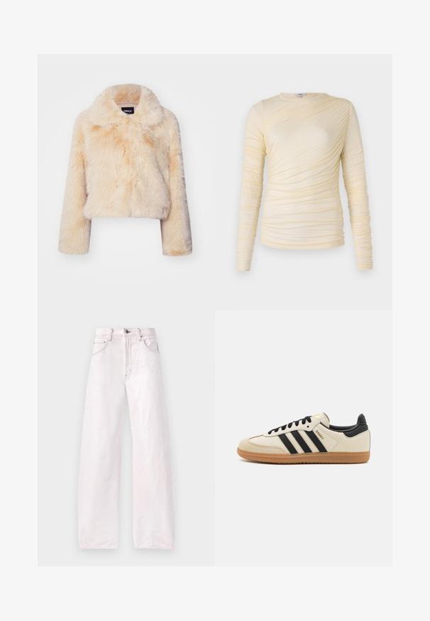 Sako z umělé kožešiny v světle béžové barvě, s širokým límcem a dlouhými rukávy, s měkkou, nadýchanou strukturou a bez viditelných zapínání.; Krémový top s dlouhým rukávem, který má řasenou texturu a mírně přiléhavý střih. Měkká látka s kulatým výstřihem a hladkými švy.; Džíny s širokými nohavicemi v světle růžové denimové barvě, s vysokým pasem, pěti kapsami a jemnými švy podél švů.; Beige sportovní obuv s černými pruhy, gumovou podešví a černými akcenty. Disponuje hladkým koženým svrškem a zaobleným tvarem špičky.