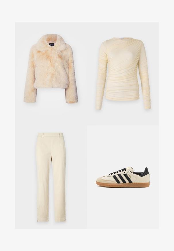 Giacca corta in pelliccia sintetica di un beige chiaro, con un ampio colletto e maniche lunghe, caratterizzata da una texture morbida e soffice e senza chiusure visibili.; Top a maniche lunghe crema, caratterizzato da una texture arricciata con una silhouette leggermente aderente. Tessuto morbido con scollatura rotonda e cuciture lisce.; Pantaloni in cotone beige con design a gamba dritta, parte frontale piatta e dettagli delle cuciture discreti. Nessuna tasca o hardware visibile.; Scarpa sportiva beige con strisce nere, suola in gomma naturale e dettagli neri. Presenta una tomaia in pelle liscia e un design a punta arrotondata.