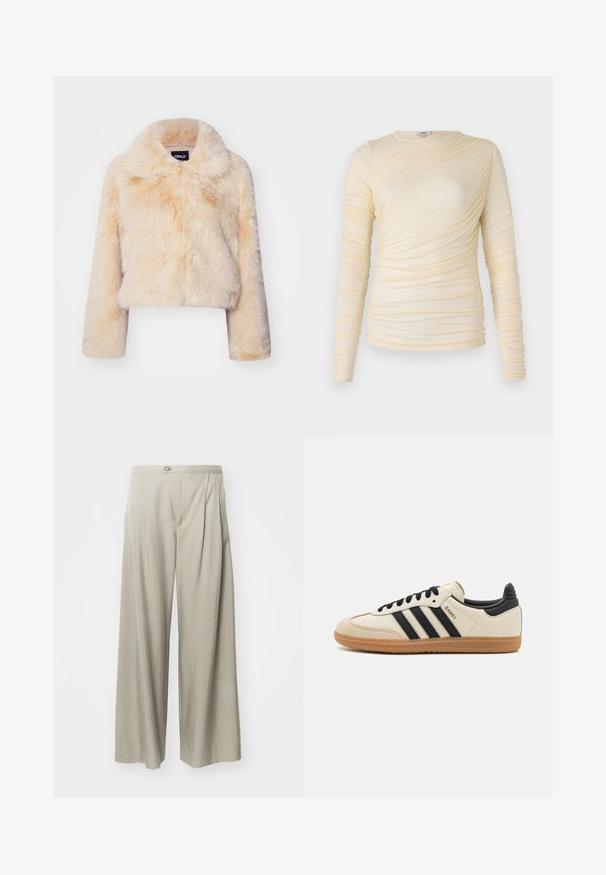 Chaqueta corta de piel sintética en color beige claro, con un amplio collar y mangas largas, que presenta una textura suave y esponjosa sin cierres visibles.; Top de manga larga crema, presenta una textura fruncida con una silueta ligeramente ajustada. Tejido suave con un escote redondo y costuras lisas.; Pantalones de pierna ancha gris claro, con un tejido texturizado, pliegues en el frente y un cierre de botón único en la cintura.; Zapatilla deportiva beige con rayas negras, suela de goma y acentos negros. Presenta un upper de cuero suave y un diseño de punta redondeada.