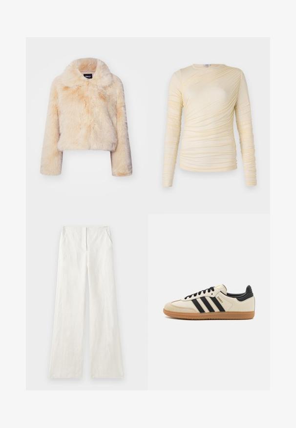 Lahek bež jakna iz umetnega krzna, s širokim ovratnikom in dolgimi rokavi, s mehko in puhasto teksturo ter brez vidnih zapiral. ; Krema dolgimi rokavi, s skrušenim teksturo in rahlo prilegajočo silhueto. Mehka tkanina z okroglim izrezom in gladkimi šivi.; Široke lanene hlače v odtenku off-white, z gladko teksturo, sprednjimi gubami in stranskimi žepi. Preprost, neokrasen dizajn.; Bež športna čevlja z črnimi črtami, gumijastim podplatom in črnimi detajli. Imajo gladko usnjeno zgornji del in obliko zaobljenega prsta.
