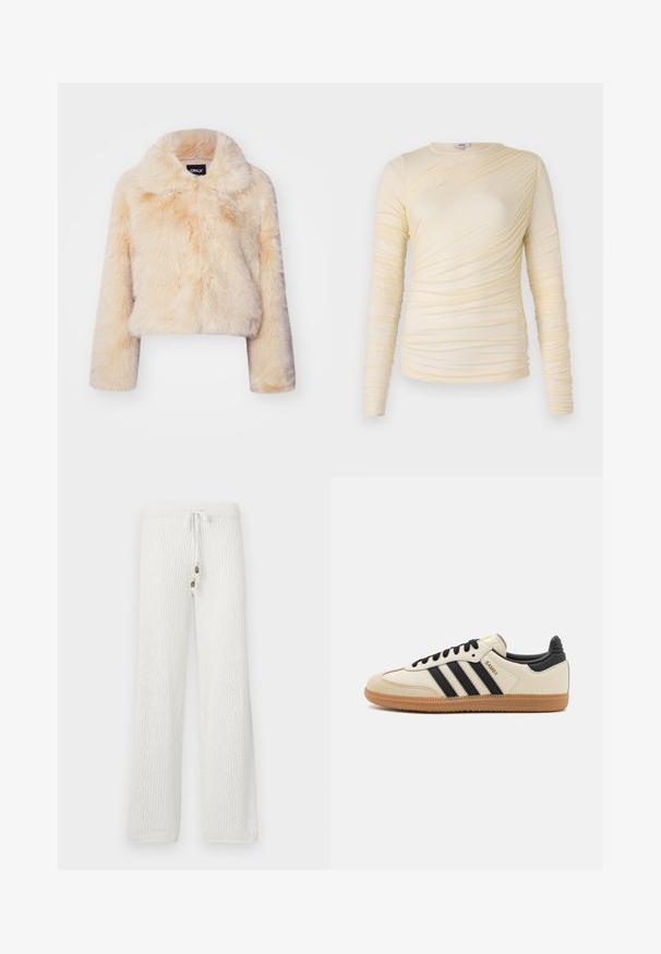 Veste courte en fausse fourrure couleur beige clair, dotée d'un large col et de manches longues, avec une texture douce et duveteuse et sans fermetures visibles.; Haut à manches longues crème, avec une texture froncée et une silhouette légèrement ajustée. Tissu doux avec un col rond et des coutures lisses.; Pantalons de détente en tricot blanc avec un motif texturé, dotés d'une taille à cordon de serrage et de deux boutons décoratifs à l'avant.; Baskets de sport beiges avec des rayures noires, semelle en caoutchouc gomme et accents noirs. Elles présentent un dessus en cuir lisse et un design de bout arrondi.
