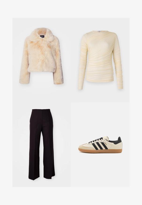 Faux pels cropped jakke i lys beige, med bred krage og lange ermer, i en myk, fluffy tekstur og uten synlige lukkinger.; Kremfarget langermet topp med rynket tekstur og en lett tilpasset silhuett. Mykt stoff med rund halslinning og jevne sømmer.; Sorte vide bukser med høj talje, der har en glat tekstur og subtile forskydninger foran, skræddersyet til en struktureret pasform.; Beige idrettssko med svarte striper, gummigummi yttersåle og svarte detaljer. Har en glatt lær overdel og en avrundet tådesign.