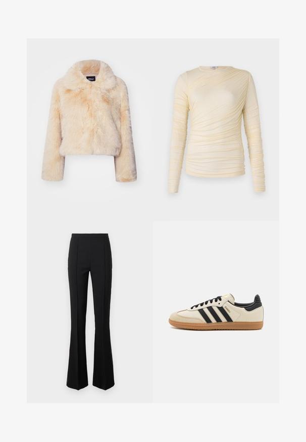 Faux pels cropped jakke i lys beige, med bred krage og lange ermer, i en myk, fluffy tekstur og uten synlige lukkinger.; Kremfarget langermet topp med rynket tekstur og en lett tilpasset silhuett. Mykt stoff med rund halslinning og jevne sømmer.; Svarte flared bukser laget av elastisk stoff, med høyt liv, frontsømmmer og en enkel, slank silhuett.; Beige idrettssko med svarte striper, gummigummi yttersåle og svarte detaljer. Har en glatt lær overdel og en avrundet tådesign.
