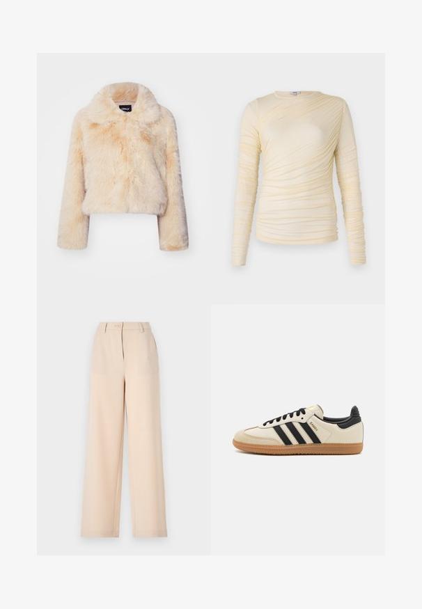 Rövidített, világos bézs színű műszőrme dzseki, széles gallérral és hosszú ujjal, puha, bolyhos textúrával, látható záródások nélkül.; Krém színű, hosszú ujjú felső, ráncolt textúrával és enyhén testhezálló fazonnal. Puha anyag, kerek nyakkivágással és sima varrásokkal.; Beige, széles szárú nadrág gombos záródással, övhurkokkal és sima anyaggal. Testreszabott dizájnja és egyenes lábszárai kényelmes nadrágot biztosítanak.; Beige sportcipő fekete csíkokkal, gumi talppal és fekete részletekkel. Simára cserzett bőr felsőrésze és kerek orra van.