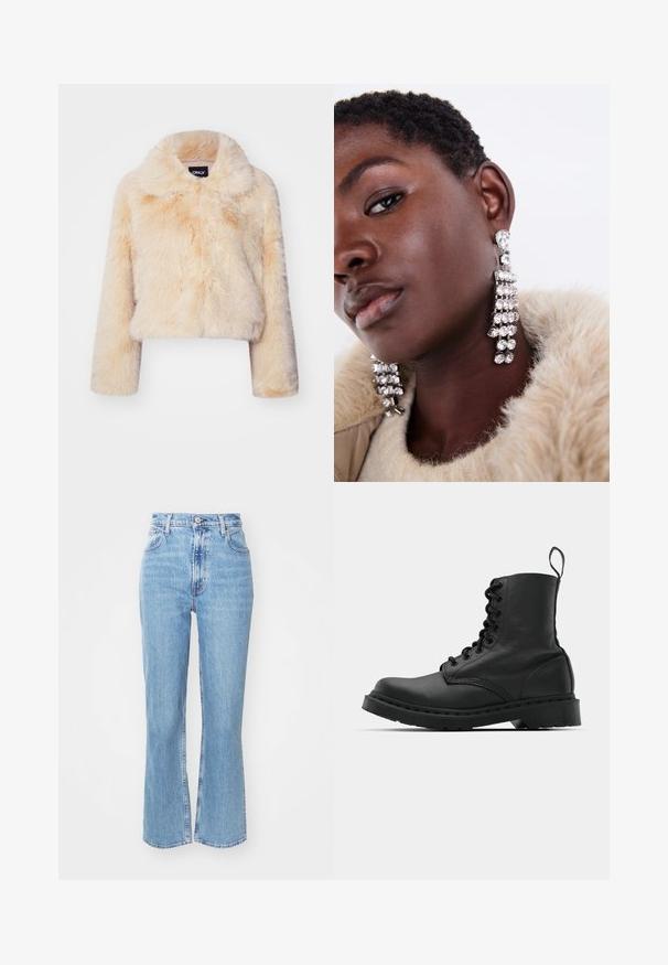 Chaqueta corta de piel sintética en color beige claro, con un amplio collar y mangas largas, que presenta una textura suave y esponjosa sin cierres visibles.; Tres camisetas de manga larga apiladas: negra, gris y blanca. Cada una tiene un escote redondo y un diseño recortado con una tela suave y ligera.; Jeans de tiro alto de color azul claro con pierna acampanada. Hechos de denim, con cinco bolsillos y cierre frontal de botón. Textura deslavada.; Botín de combate de cuero negro con punta redonda, parte delantera con cordones y una lengüeta en el tobillo. Presenta una suela de goma gruesa para mayor durabilidad.; Pendientes de gota plateados con múltiples rhinestones transparentes, con un diseño en cascada y superficies texturizadas, sobre un fondo neutro.