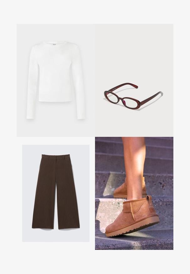 Giacca corta in pelliccia sintetica di un beige chiaro, con un ampio colletto e maniche lunghe, caratterizzata da una texture morbida e soffice e senza chiusure visibili.; Maglietta a maniche lunghe con scollo rotondo in tessuto bianco puro. Presenta una silhouette aderente con una texture liscia e un sottile logo del marchio sul collo.; Pantaloni larghi a righe marroni con passanti per cintura, zip anteriore e tasche laterali, distesi su uno sfondo chiaro.; Stivali alla caviglia in suede beige con una consistenza morbida, dettagli cuciti e suola in gomma, dotati di un tacco ad anello per una facile vestibilità.; Occhiali da sole rotondi di colore rosso con lenti trasparenti e montatura marrone elegante. Il design presenta curve sottili e hardware minimale.