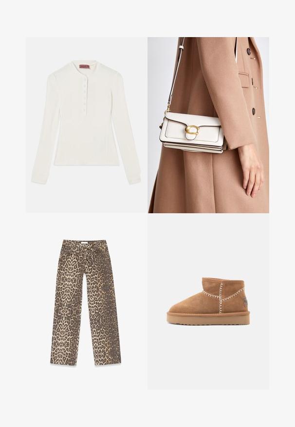Faux fur cropped jakke i lys beige, med en bred krave og lange ærmer, der har en blød, fluffy tekstur og ingen synlige lukninger.; Langærmet hvid ribbet top med henley-uafskærmning og seks-knap placket, der har tætsiddende manchetter og en let afsmalnet form.; Leopardskindede denimjeans med en neutral beige og brun farvepalet, lige ben-design og traditionelle lomme-detaljer.; Brune ruskinds ankelstøvler med rund tå, hvid dekorativ syning og en tan gummisål med et zigzag-mønster.; Hvid læder crossbody taske med en guldspænde, præsenterer et struktureret design, kontrasterende kanter og en tynd justerbar strop.