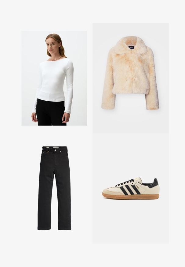 Nepbont cropped jas in lichtbeige, met een brede kraag en lange mouwen, een zachte, fluffy textuur en zonder zichtbare sluitingen.; Witte lange mouwen ribbeltop met een ronde halslijn, met een slim fit en een soepele textuur, gecombineerd met zwarte broek. Eenvoudig ontwerp.; Zwarte denimjeans met een rechte pijp, voorzien van een hoge taille, vijf zakken, metalen knoopsluiting en minimale stikseldetails.; Beige sportieve schoen met zwarte strepen, gumrubberen zool en zwarte accenten. Beschikt over een gladleren bovenkant en een ronde neusdesign.