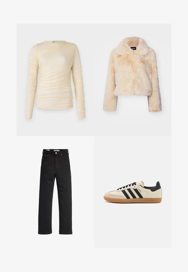 Korkeaa tekoturkista lyhyt takki vaaleanbeige värissä, jossa on leveä kaulus ja pitkät hihat, pehmeä ja pörröinen pinta ilman näkyviä kiinnityksiä.; Kermainen pitkähihainen paita, jossa on rypytetty pinta ja hieman vartaloa myötäilevä siluetti. Pehmeä kangas, pyöreä kaula-aukko ja sileät saumat.; Mustat denim-farkut suoranlahkeisella istuvuudella, joissa on korkea vyötärö, viisi taskua, metallinappikiinnitys ja vähäiset ommellusyksityiskohdat.; Beige urheilukenkä mustilla raidoilla, kumipohjalla ja mustilla yksityiskohdilla. Ominaisuuksiin kuuluu sileä nahkainen päällinen ja pyöristetty kärjen muoto.