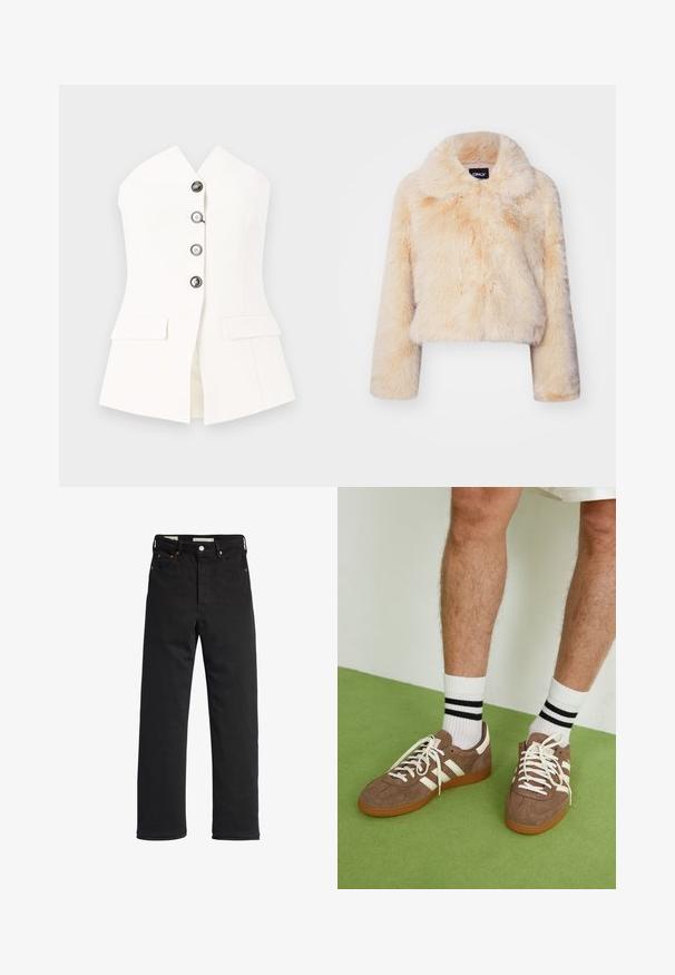 Faux-Fur-gekürzte Jacke in hellem Beige, mit breitem Kragen und langen Ärmeln, einer weichen, flauschigen Textur und ohne sichtbare Verschlüsse.; Marella SESTRI - Top - bianco lana; Schwarze Denim-Jeans mit geradem Bein, hoher Taille, fünf Taschen, Metallknopfverschluss und minimalen Stitching-Details.; Braune Wildleder-Sneaker mit weißen Akzenten und Schnürsenkeln. Gummisohle in Kautschuk-Optik. Getragen mit weißen Socken, die schwarze Streifen haben. Grüner strukturierter Fußboden.