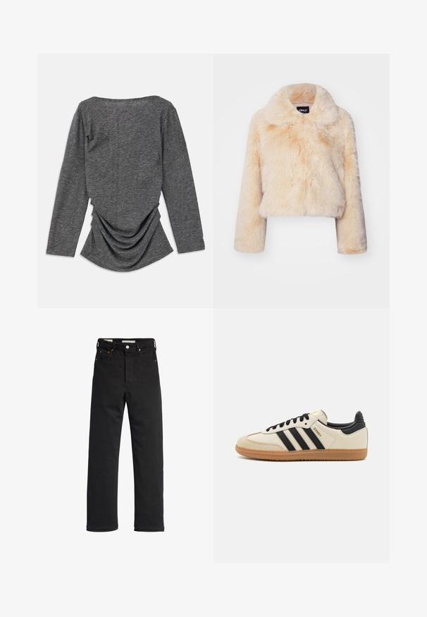 Korkeaa tekoturkista lyhyt takki vaaleanbeige värissä, jossa on leveä kaulus ja pitkät hihat, pehmeä ja pörröinen pinta ilman näkyviä kiinnityksiä.; Harmaa pitkähihaine paita pehmeällä tekstuurilla, jossa on leveä kaula-aukko ja keräilty yksityiskohta takana, luoden ilmavan siluetin.; Mustat denim-farkut suoranlahkeisella istuvuudella, joissa on korkea vyötärö, viisi taskua, metallinappikiinnitys ja vähäiset ommellusyksityiskohdat.; Beige urheilukenkä mustilla raidoilla, kumipohjalla ja mustilla yksityiskohdilla. Ominaisuuksiin kuuluu sileä nahkainen päällinen ja pyöristetty kärjen muoto.